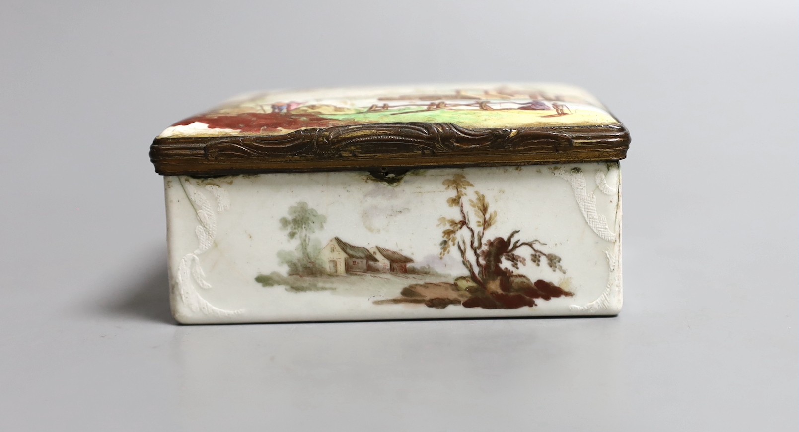 An 18th century German enamel on copper snuff box, 8.5 cms wide x x7cms